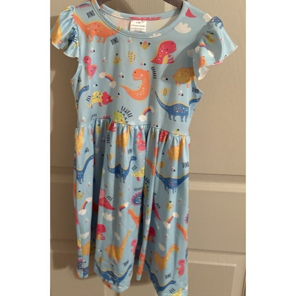 Girls Dress Dinosaurs Blue Pink Size 5 / 6